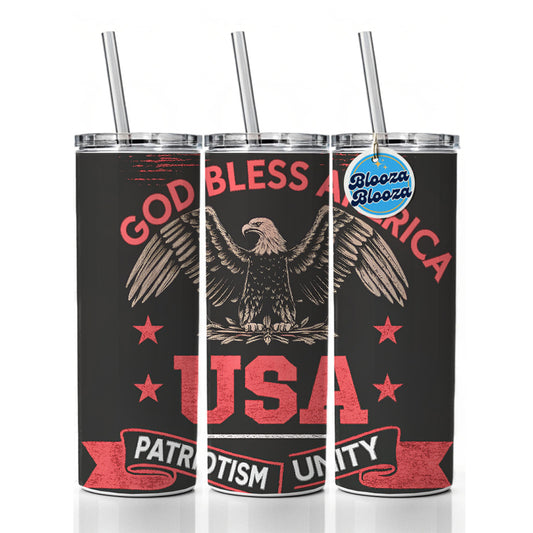 God Bless America Black Red USA United States Skinny Tumbler 20oz with Straw Insulated Water Bottle Gift