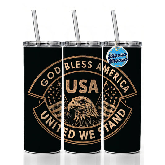 God Bless America Black Tan USA United States Skinny Tumbler 20oz with Straw Insulated Water Bottle Gift