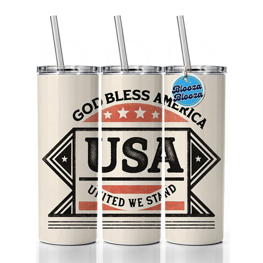 God Bless America USA United We Stand States Skinny Tumbler 20oz with Straw Insulated Water Bottle Gift