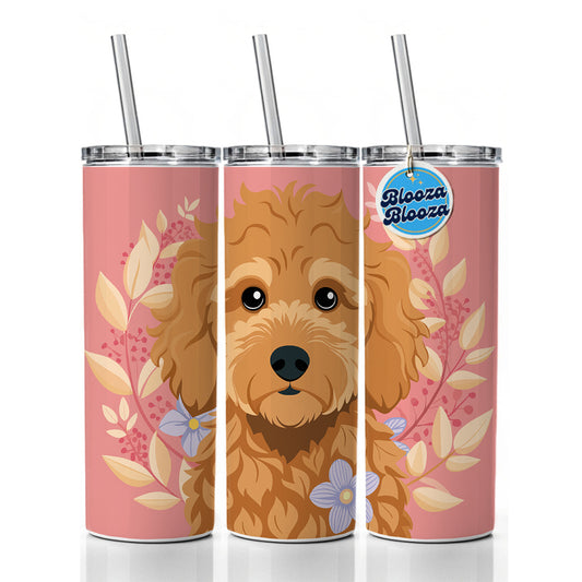 Golden Doodle Brown Head Floral Motif Pink Dog Skinny Tumbler 20oz with Straw Insulated Water Bottle Gift