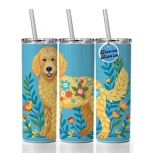 Golden Doodle Floral Motif Blue Dog Skinny Tumbler 20oz with Straw Insulated Water Bottle Gift