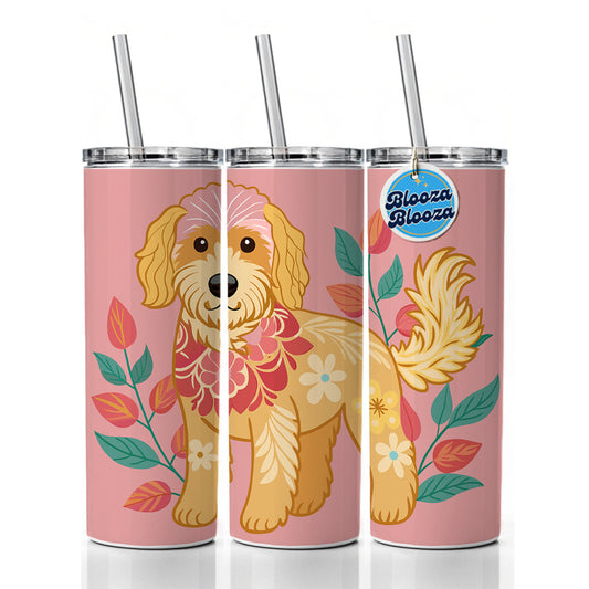 Golden Doodle Floral Motif Pink Dog Skinny Tumbler 20oz with Straw Insulated Water Bottle Gift