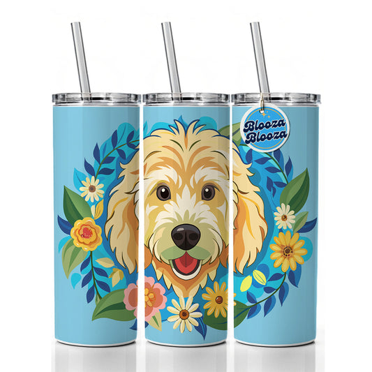 Golden Doodle Head Floral Motif Blue Background Dog Skinny Tumbler 20oz with Straw Insulated Water Bottle Gift