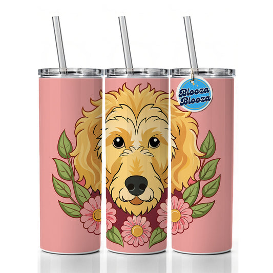 Golden Doodle Head Floral Motif Pink Dog Skinny Tumbler 20oz with Straw Insulated Water Bottle Gift