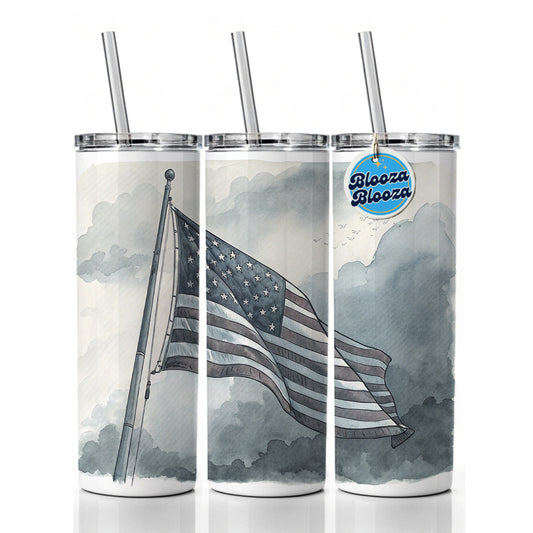 Gray American Flag Watercolor USA United States Skinny Tumbler 20oz with Straw Insulated Water Bottle Gift