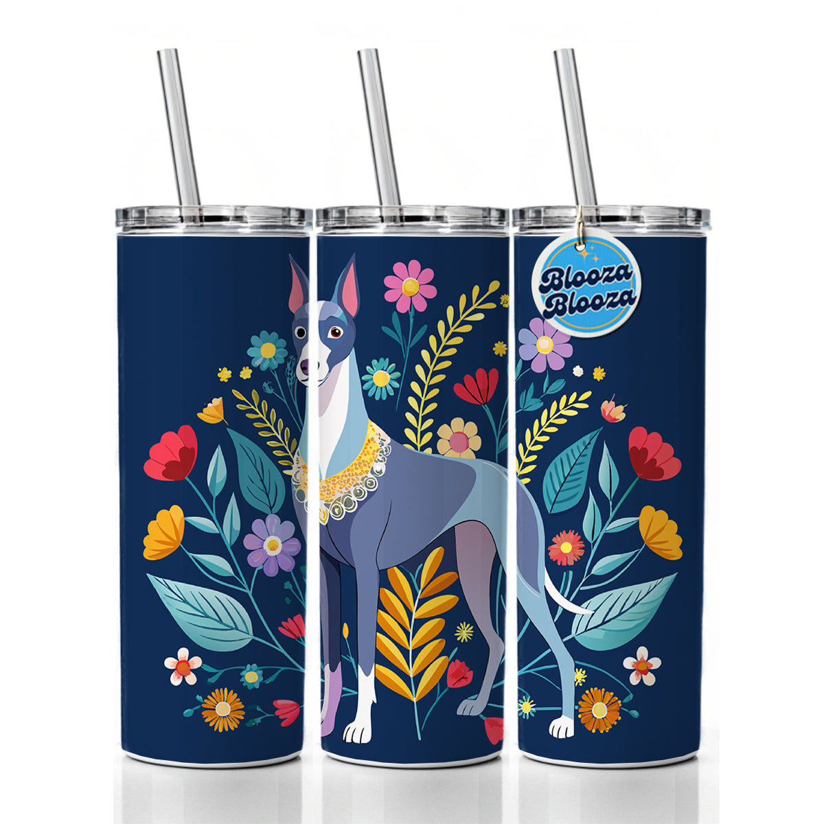 Great Dane Floral Motif Dog Blue Skinny Tumbler 20oz with Straw Insulated Water Bottle Gift