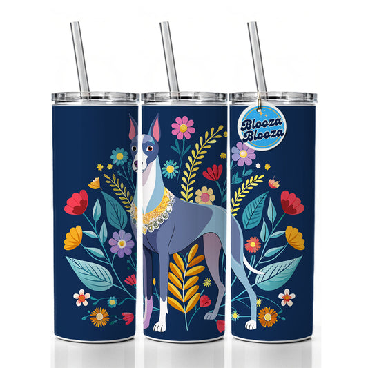Great Dane Floral Motif Dog Blue Skinny Tumbler 20oz with Straw Insulated Water Bottle Gift
