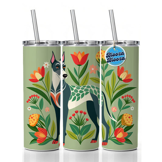 Great Dane Floral Motif Dog Standing Skinny Tumbler 20oz with Straw Insulated Water Bottle Gift