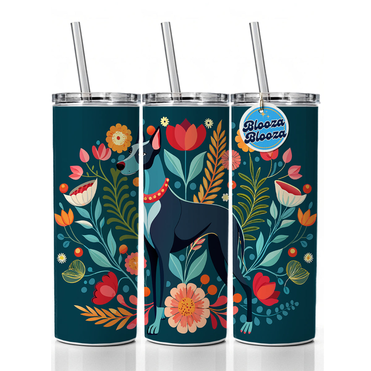 Great Dane Floral Motif Dog Skinny Tumbler 20oz with Straw Insulated Water Bottle Gift