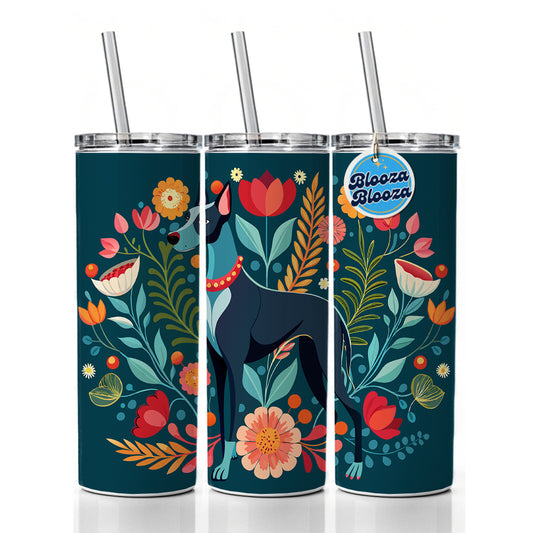 Great Dane Floral Motif Dog Skinny Tumbler 20oz with Straw Insulated Water Bottle Gift