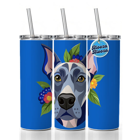 Great Dane Head Floral Motif Blue Dog Skinny Tumbler 20oz with Straw Insulated Water Bottle Gift