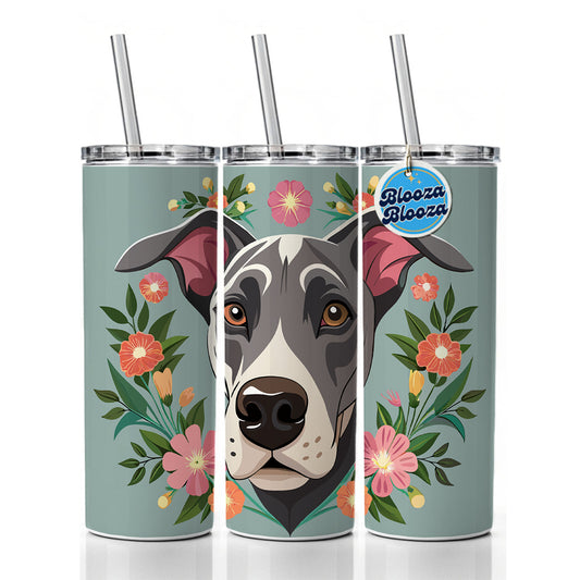 Great Dane Head Floral Motif Gray Dog Skinny Tumbler 20oz with Straw Insulated Water Bottle Gift