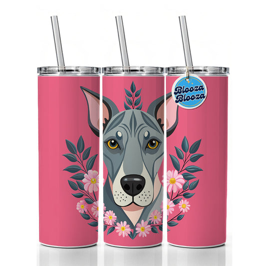 Great Dane Head Floral Motif Pink Background Dog Skinny Tumbler 20oz with Straw Insulated Water Bottle Gift