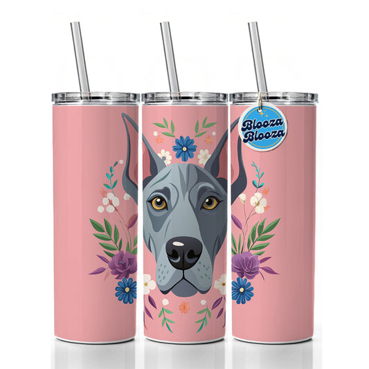 Great Dane Head Floral Motif Pink Dog Skinny Tumbler 20oz with Straw Insulated Water Bottle Gift