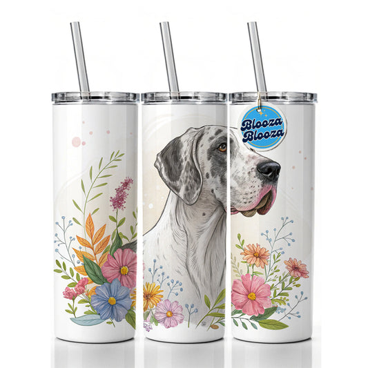 Great Dane Floral Motif Dog Light Skinny Tumbler 20oz with Straw Insulated Water Bottle Gift