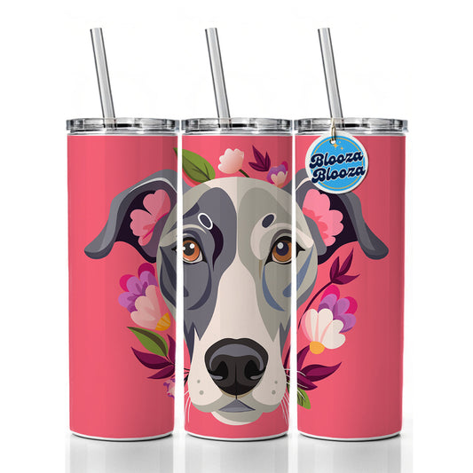 Great Dane Head Floral Pink Dog Skinny Tumbler 20oz with Straw Insulated Water Bottle Gift