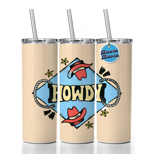 Howdy Country Cowboy Cowgirl Skinny Tumbler 20oz with Straw Insulated Water Bottle Gift