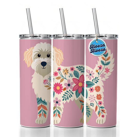 Labradoodle Floral Motif Pink Cute Dog Skinny Tumbler 20oz with Straw Insulated Water Bottle Gift