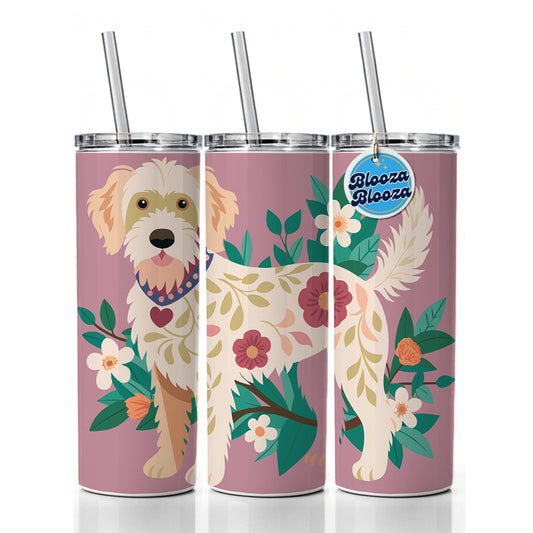 Labradoodle Floral Motif Standing Dog Skinny Tumbler 20oz with Straw Insulated Water Bottle Gift