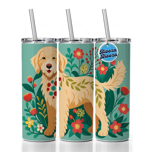 Labradoodle Floral Motif Tan Dog Skinny Tumbler 20oz with Straw Insulated Water Bottle Gift
