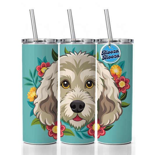 Labradoodle Head Floral Motif Dog Skinny Tumbler 20oz with Straw Insulated Water Bottle Gift