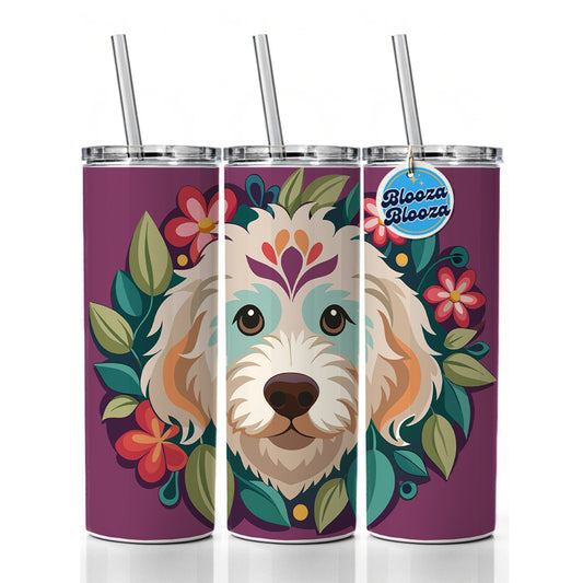 Labradoodle Head Floral Motif Purple Dog Skinny Tumbler 20oz with Straw Insulated Water Bottle Gift