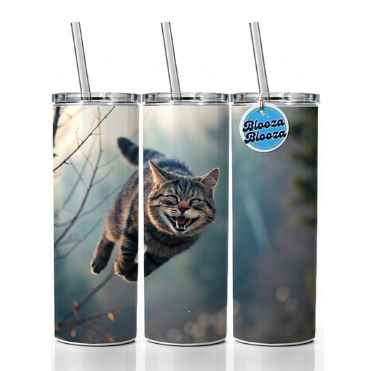 Leaping Funny Cat Grinning Skinny Tumbler 20oz with Straw Insulated Water Bottle Gift