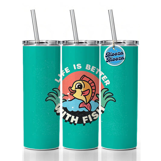 Life Is Better With Fish Fishing Skinny Tumbler 20oz with Straw Insulated Water Bottle Gift