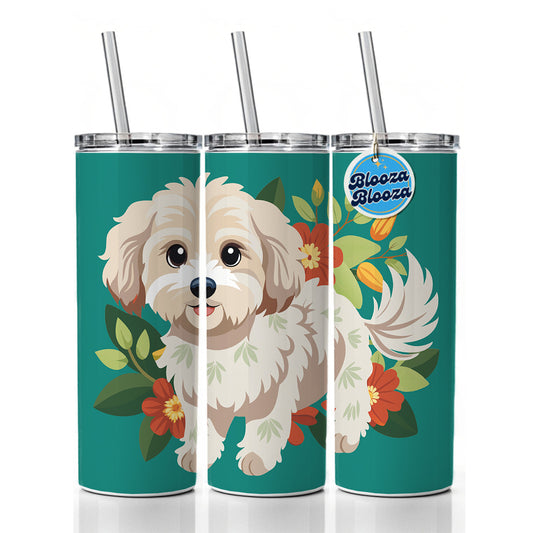 Maltipoo Floral Motif Dog Standing Skinny Tumbler 20oz with Straw Insulated Water Bottle Gift