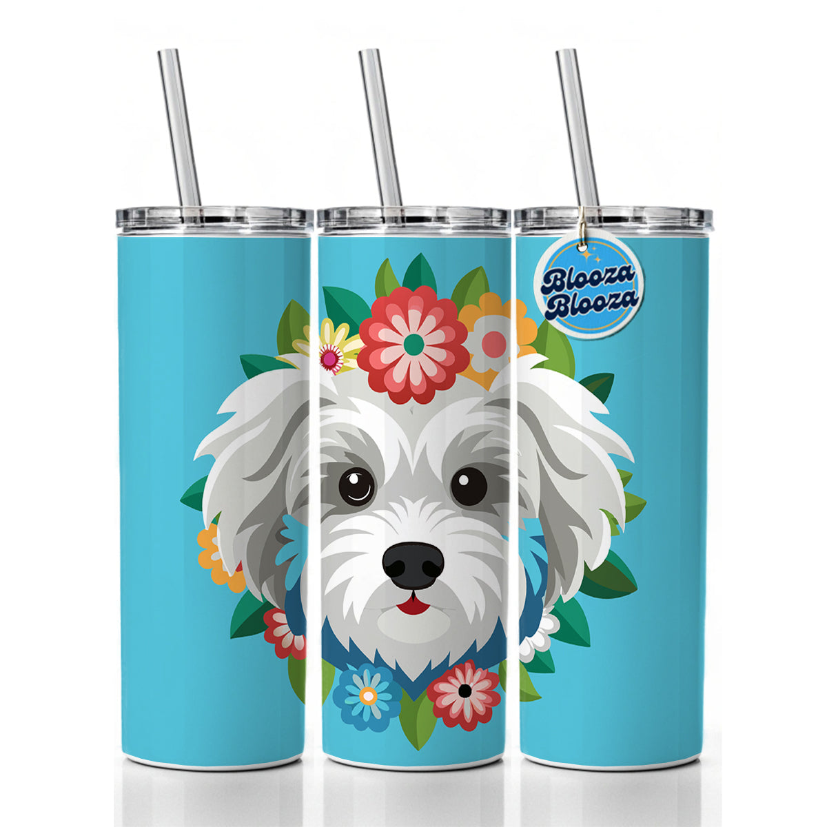 Maltipoo Head Floral Motif Blue Dog Skinny Tumbler 20oz with Straw Insulated Water Bottle Gift
