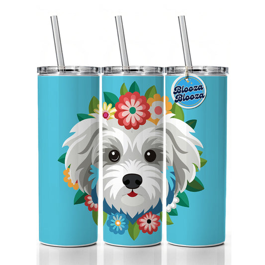 Maltipoo Head Floral Motif Blue Dog Skinny Tumbler 20oz with Straw Insulated Water Bottle Gift