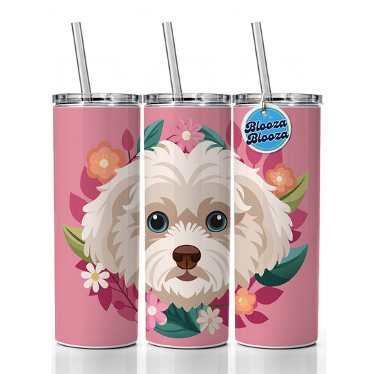 Maltipoo Head Floral Motif Pink Dog Skinny Tumbler 20oz with Straw Insulated Water Bottle Gift