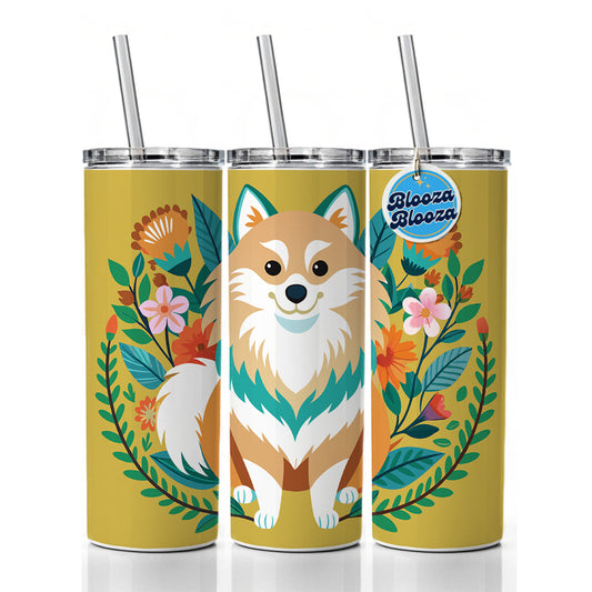 Pomsky Floral Motif Dog Skinny Tumbler 20oz with Straw Insulated Water Bottle Gift
