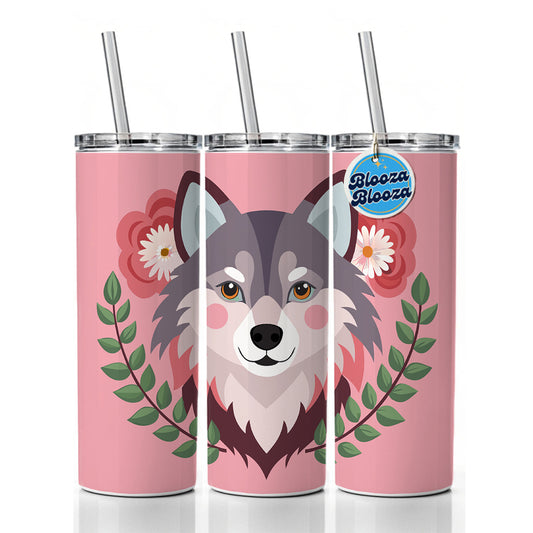 Pomsky Head Floral Motif Pink Cute Dog Skinny Tumbler 20oz with Straw Insulated Water Bottle Gift