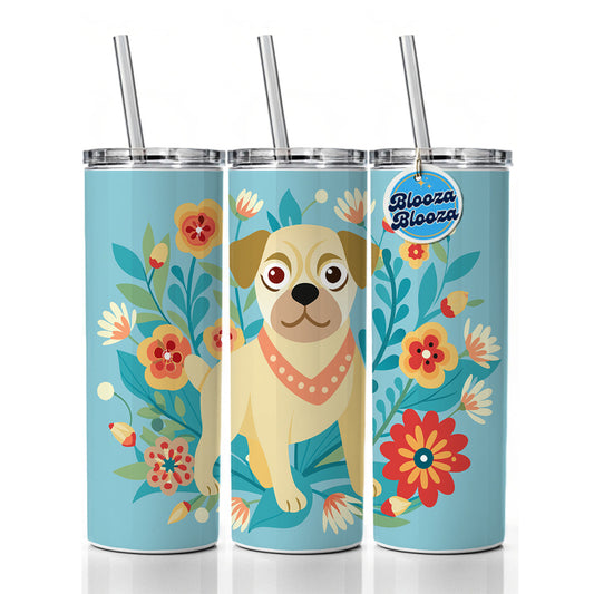 Puggle Floral Motif Blue Dog Skinny Tumbler 20oz with Straw Insulated Water Bottle Gift