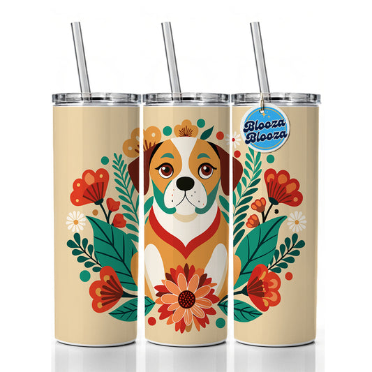 Puggle Floral Motif Dog Skinny Tumbler 20oz with Straw Insulated Water Bottle Gift
