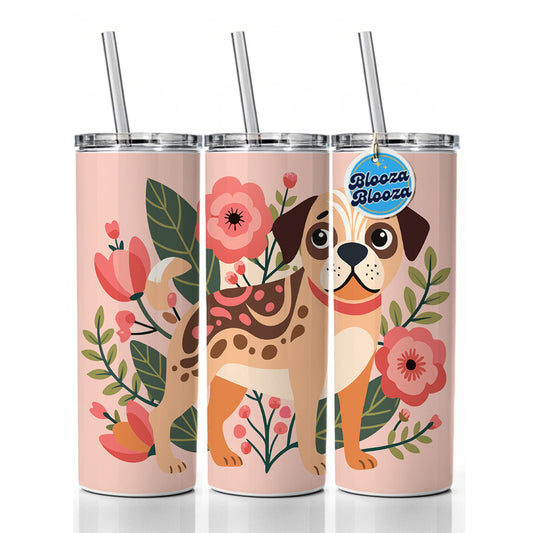 Puggle Floral Motif Pink Dog Skinny Tumbler 20oz with Straw Insulated Water Bottle Gift