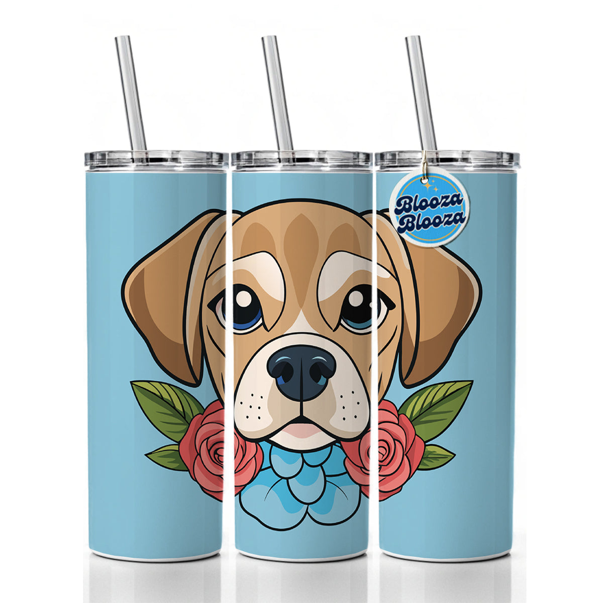 Puggle Head Floral Motif Blue Dog Skinny Tumbler 20oz with Straw Insulated Water Bottle Gift