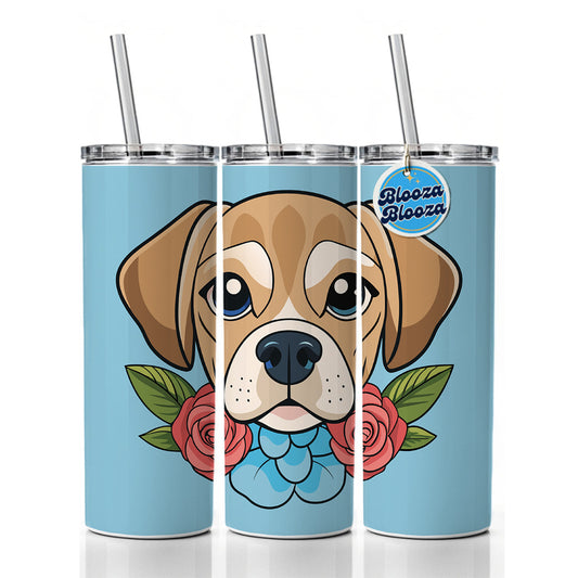 Puggle Head Floral Motif Blue Dog Skinny Tumbler 20oz with Straw Insulated Water Bottle Gift