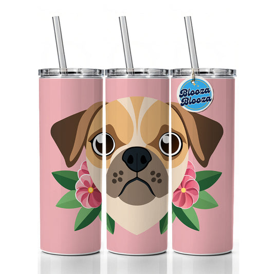 Puggle Head Floral Motif Pink Dog Skinny Tumbler 20oz with Straw Insulated Water Bottle Gift