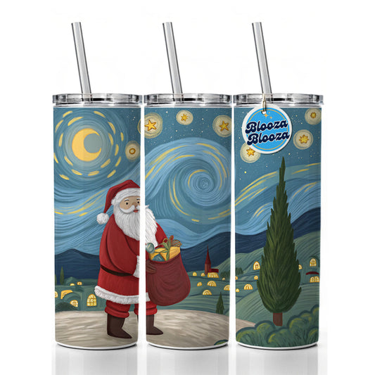 Santa Van Gogh Starry Night Christmas Funny Skinny Tumbler 20oz with Straw Insulated Water Bottle Gift