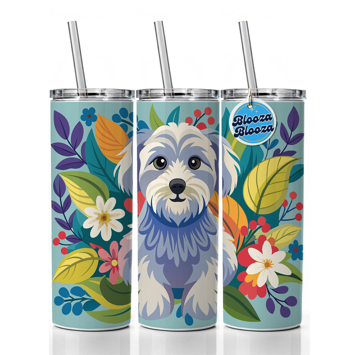Schnoodle Floral Motif Blue Dog Skinny Tumbler 20oz with Straw Insulated Water Bottle Gift