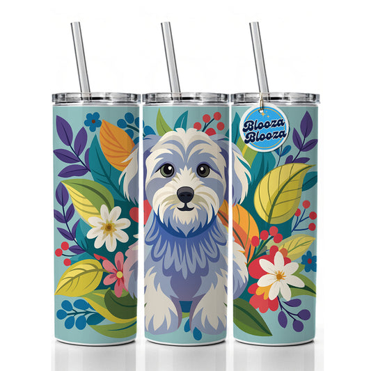 Schnoodle Floral Motif Blue Dog Skinny Tumbler 20oz with Straw Insulated Water Bottle Gift