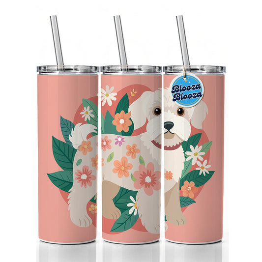 Schnoodle Floral Motif Cute Dog Skinny Tumbler 20oz with Straw Insulated Water Bottle Gift