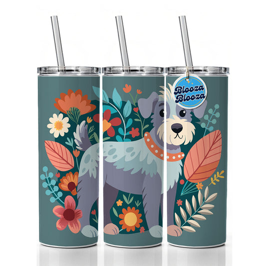 Schnoodle Floral Motif Dog Gray Skinny Tumbler 20oz with Straw Insulated Water Bottle Gift