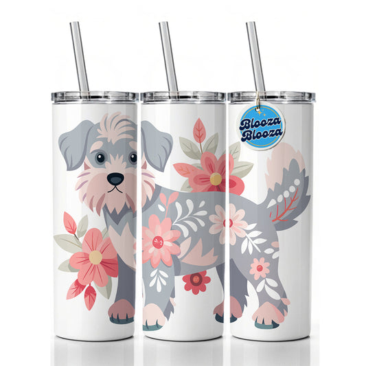 Schnoodle Floral Motif Dog Skinny Tumbler 20oz with Straw Insulated Water Bottle Gift