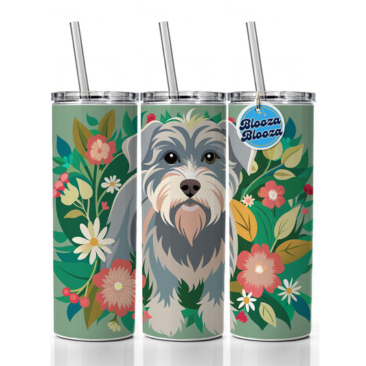 Schnoodle Floral Motif Green Dog Skinny Tumbler 20oz with Straw Insulated Water Bottle Gift