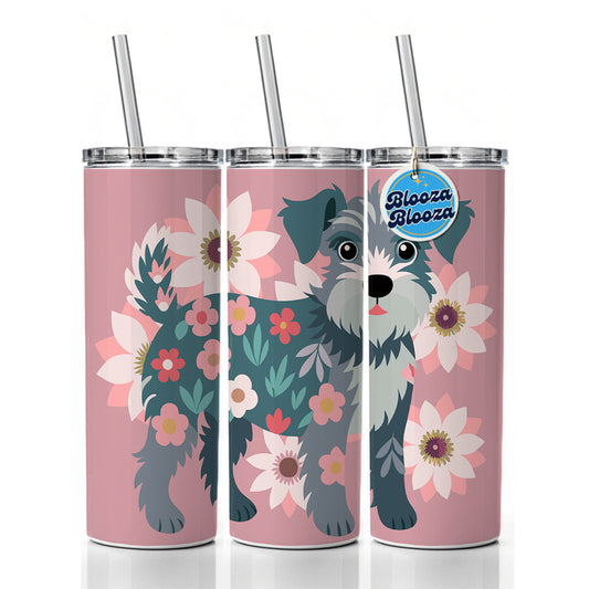 Schnoodle Floral Motif Pink Dog Skinny Tumbler 20oz with Straw Insulated Water Bottle Gift