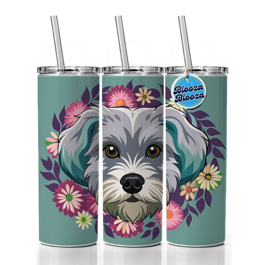 Schnoodle Head Floral Motif Dog Cute Skinny Tumbler 20oz with Straw Insulated Water Bottle Gift