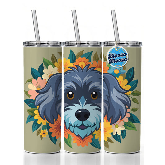 Schnoodle Head Floral Motif Dog Skinny Tumbler 20oz with Straw Insulated Water Bottle Gift